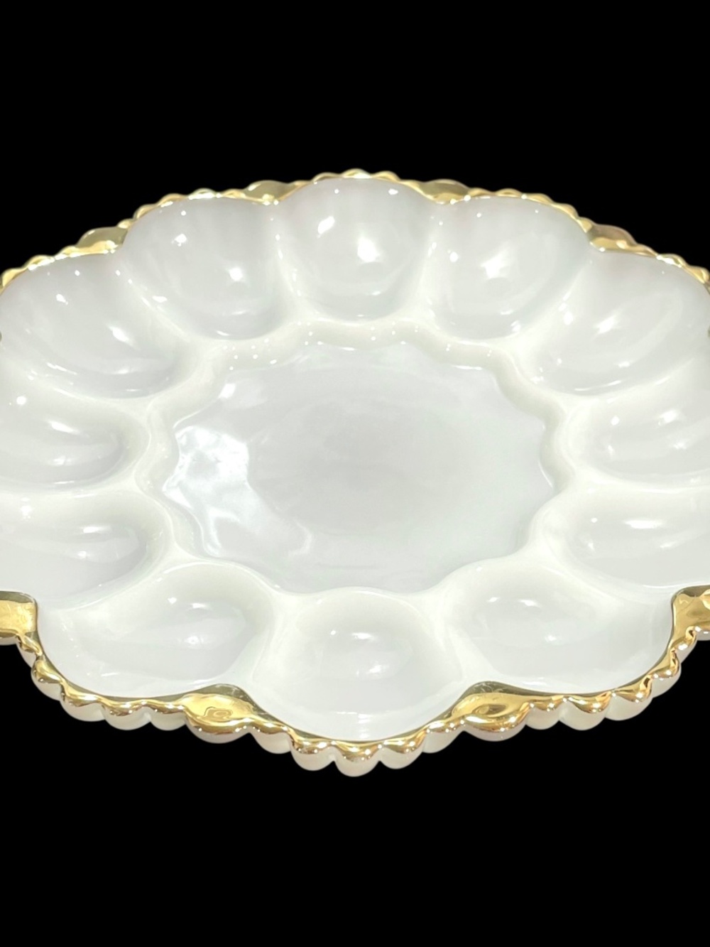 Vintage 1950s Anchor Hocking Milk Glass Deviled Egg/Oyster Plate with Gold Trim